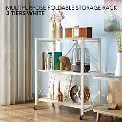 White 3 Tiers Powder Coating Foldable Storage Rack DIY Multifunctional Rack Wheel Castors Rack