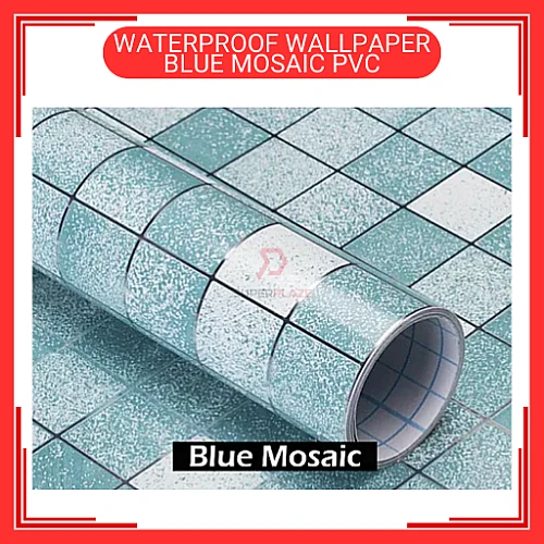 60cm x 5m Blue Mosaic PVC Waterproof Wallpaper Wall Sticker Kertas Dinding