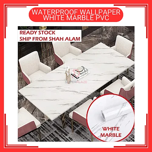 60cm x 5meter White Marble PVC Waterproof Wallpaper Wall Sticker Kertas Dinding