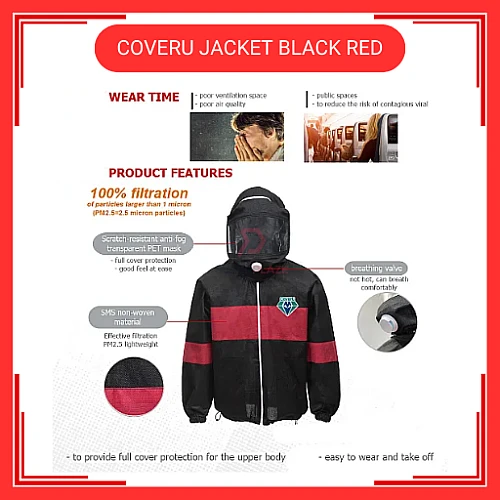 COVER U BLACK RED PPE Coverall Jacket Protection from Risk of Contagious Viral Medical Grade Baju Covid