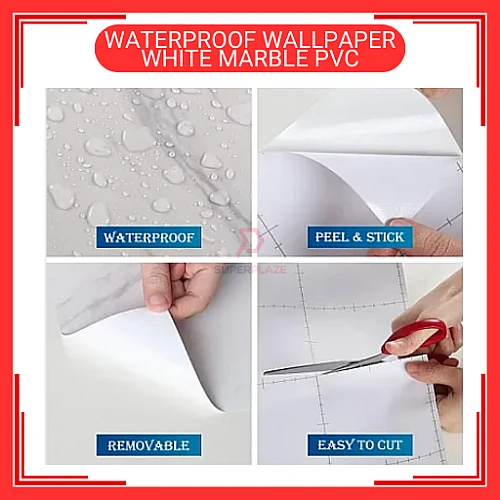 60cm x 5meter White Marble PVC Waterproof Wallpaper Wall Sticker Kertas Dinding