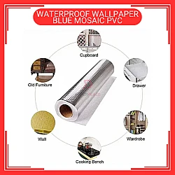60cm x 5m Blue Mosaic PVC Waterproof Wallpaper Wall Sticker Kertas Dinding