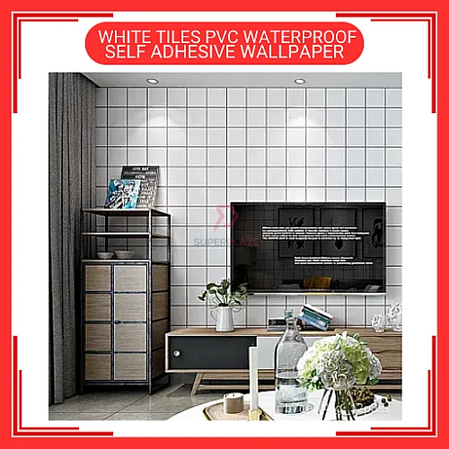 60cm x 5meter White Tiles PVC Waterproof Wallpaper Wall Sticker Kertas Dinding